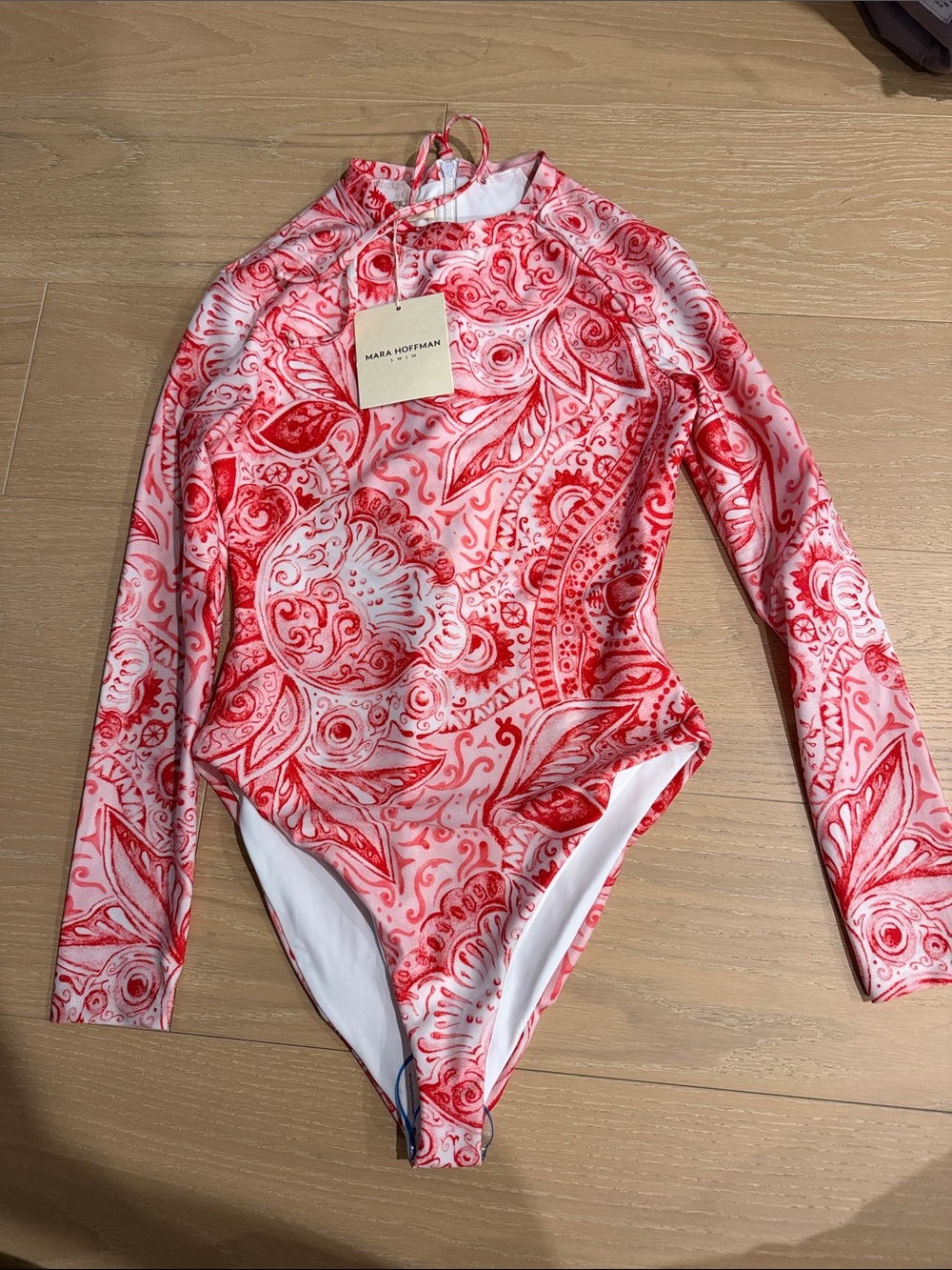 Mara Hoffman Red and White Paisley Long-Sleeve One-Piece